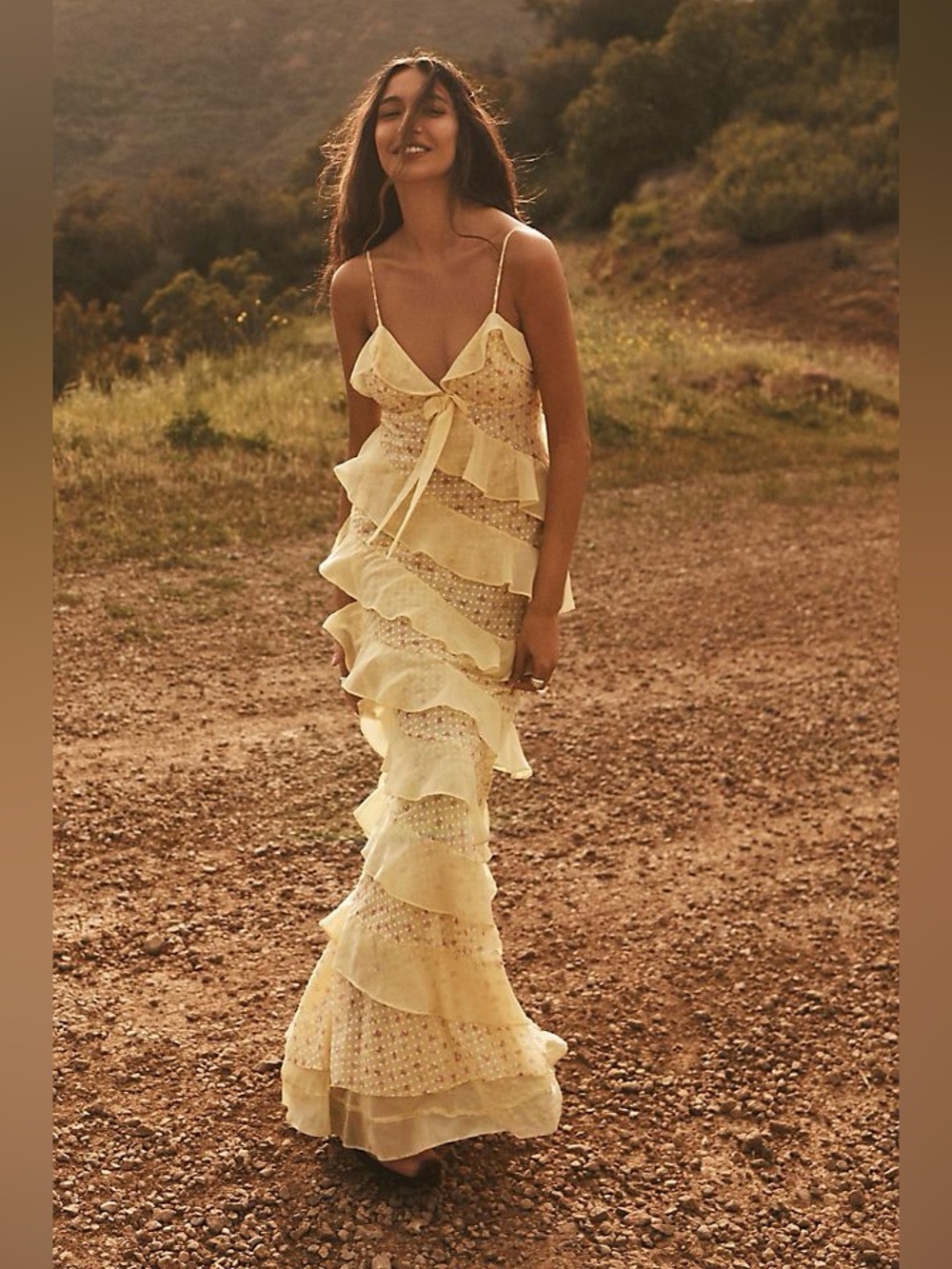 For Love & Lemons Debby Tiered Ruffle Midi Dress Size Medium NWT